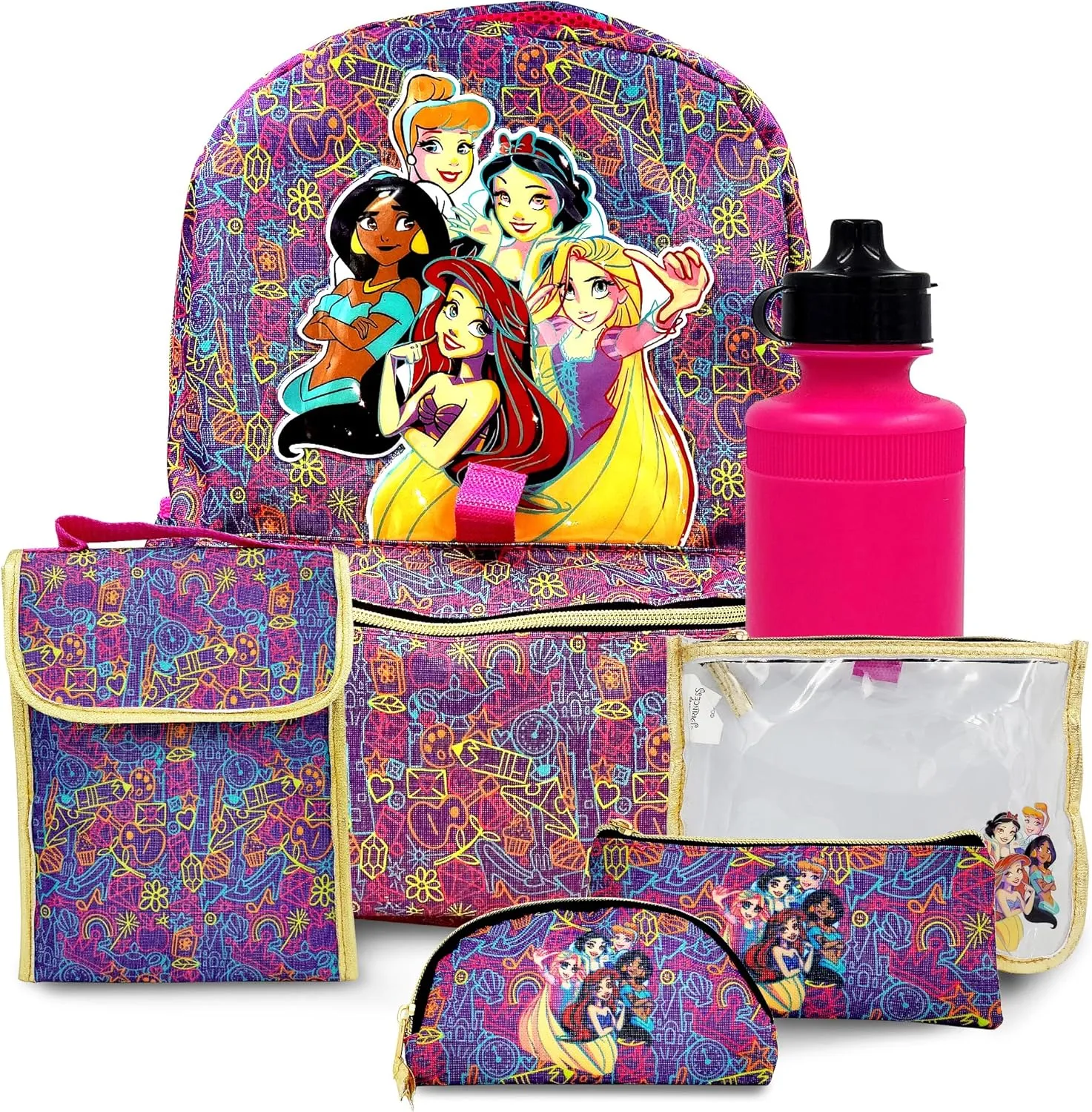 Disney Princess Backpack for Girls 16 inch - 6-Piece Set, Princess Bookbag with Lunch Box, Ideal for Back to School & Elementary Age Girls