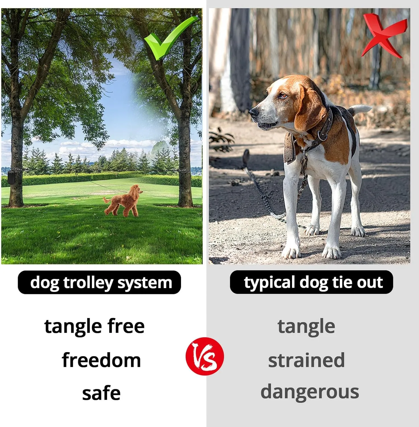 Dog Tie Out Cable for Camping - 50ft/70ft/100ft Portable Reflective Overhead Trolley System for Dogs up to 300lbs - Dog Lead for Yard Camping | Parks | Outdoor Events（Black）