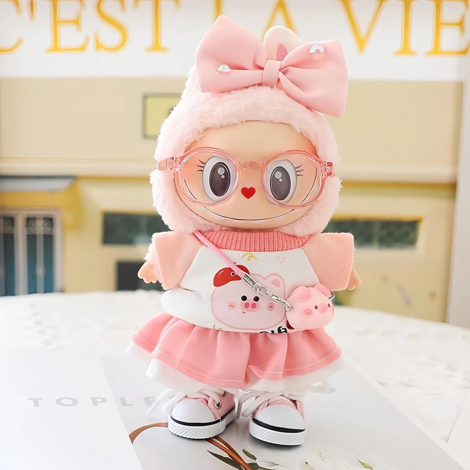 Doll Clothes Compatible with 15cm & 17cm Labubu (No Doll Included), Fashion Doll Dress Skirt Outfit Set 6 Pieces Suitable for La bubu Accessories, Dress Up Hats Clothes for Labubu Doll Pink