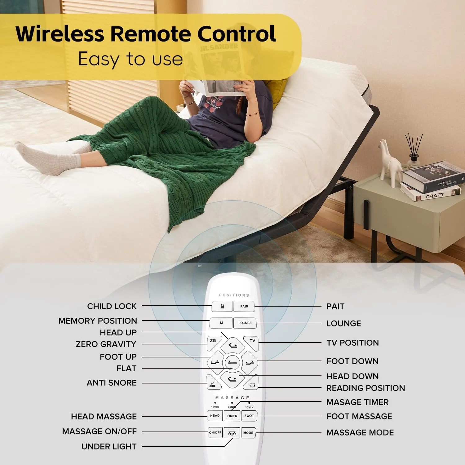 Donext Ergonomic Twin XL Size Adjustable Bed Frame, Electric Base w/Wireless Remote Control, Head and Foot Incline, Massage, Under-Bed Nightlight, USB Ports