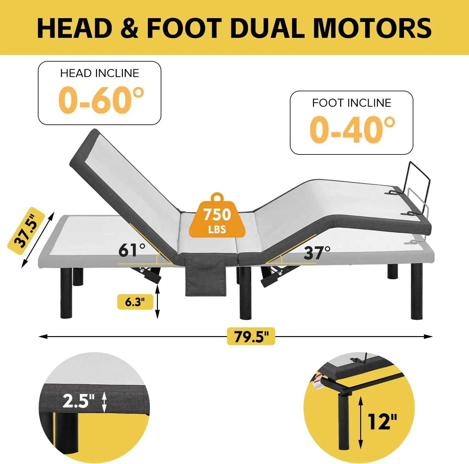 Donext Ergonomic Twin XL Size Adjustable Bed Frame, Electric Base w/Wireless Remote Control, Head and Foot Incline, Massage, Under-Bed Nightlight, USB Ports