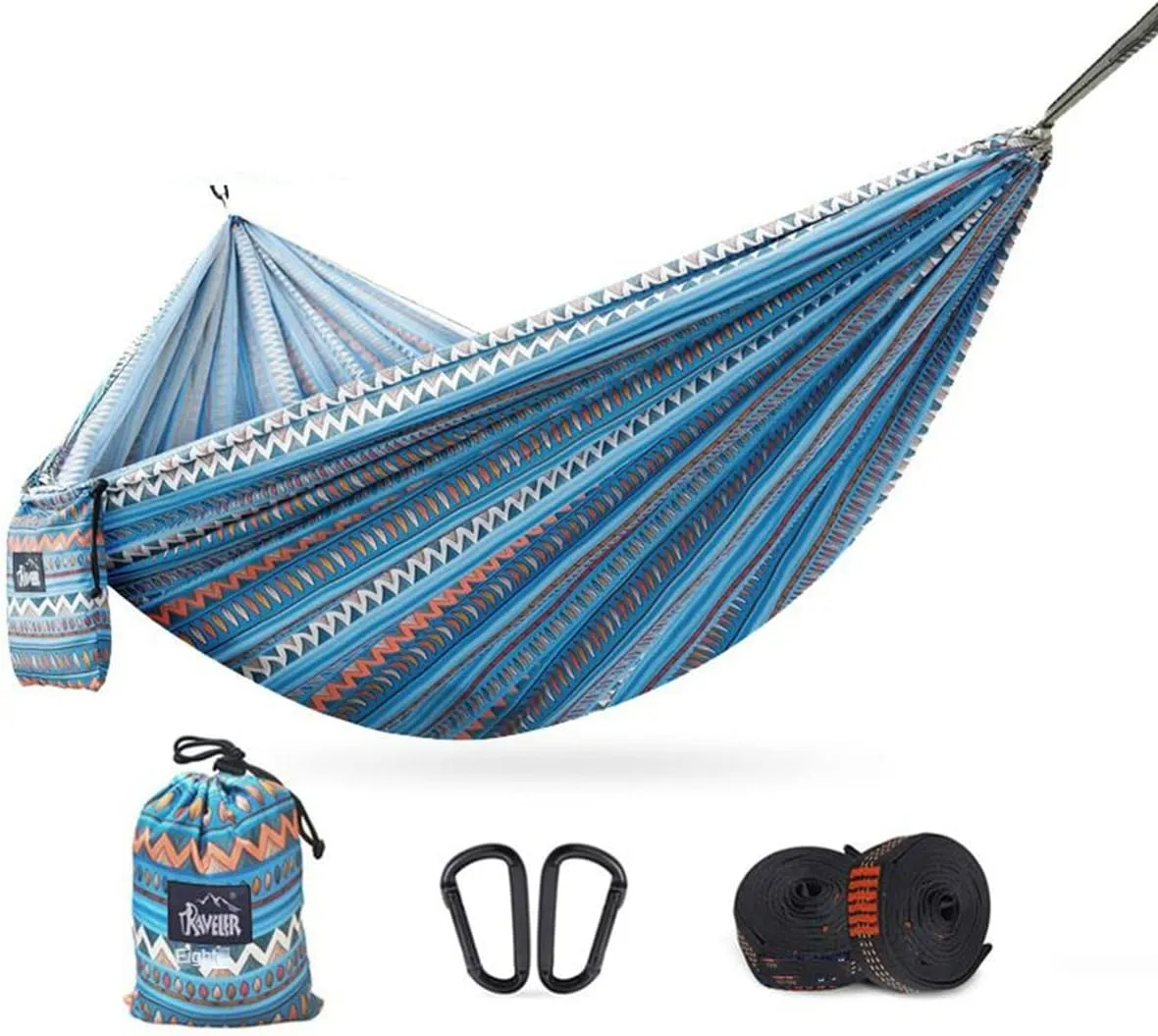 Double Camping Hammock Outdoor Swing Lightweight Travel Hammock with Storage Bag, 102 * 5.5In, Load-Bearing 440Ib, High-Strength Tension Straps, Camping Must Have,Blue