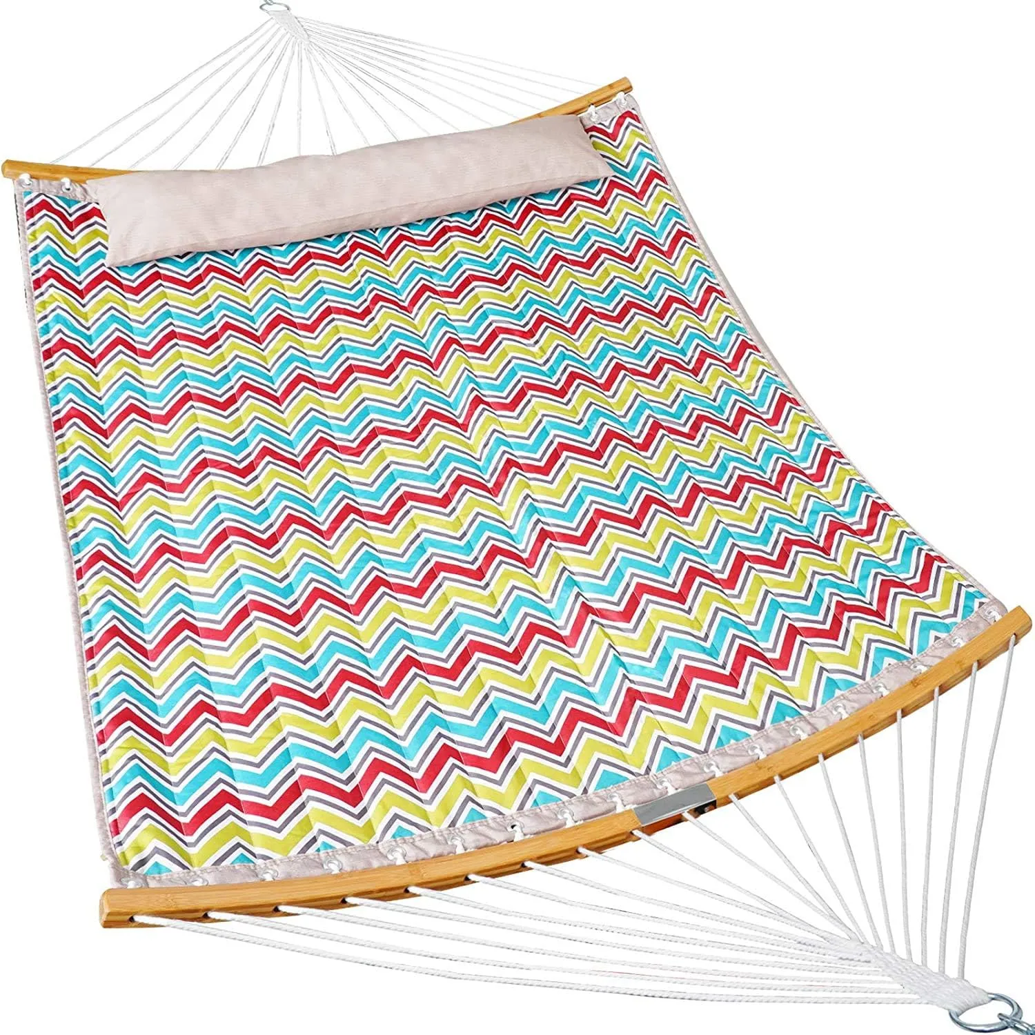 Double Hammock - 2 Person Hammock for Outside, with Spreader Bars & Detachable Pillow, 140x190 cm Large Hammocks with Carrying Bag (Color Stripe)