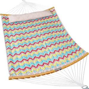 Double Hammock - 2 Person Hammock for Outside, with Spreader Bars & Detachable Pillow, 140x190 cm Large Hammocks with Carrying Bag (Color Stripe)