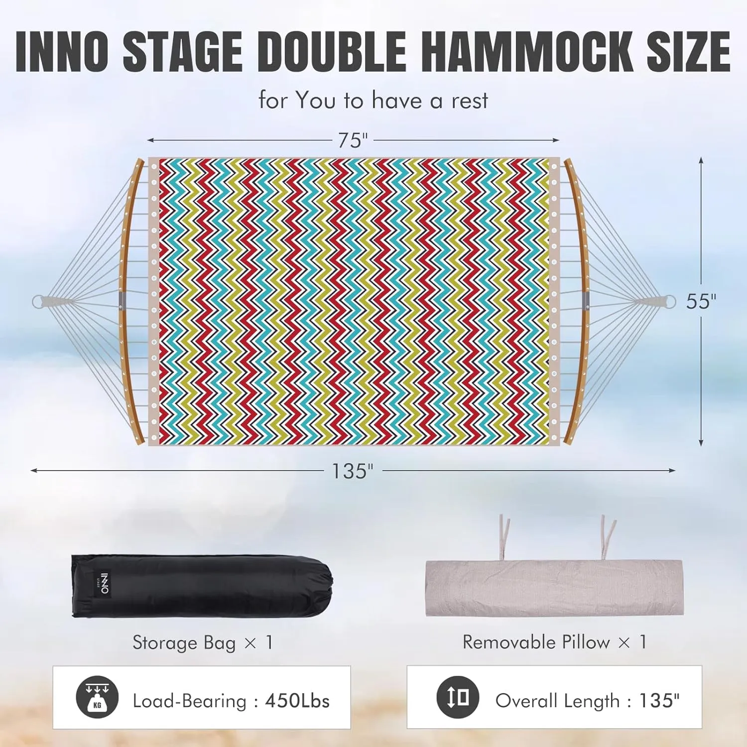 Double Hammock - 2 Person Hammock for Outside, with Spreader Bars & Detachable Pillow, 140x190 cm Large Hammocks with Carrying Bag (Color Stripe)