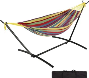 Double Hammock with Space Saving Steel Stand Included, 2 Person Outdoor Hammock, Portable Hammocks with Carry Bag, 450lb Capacity Standing Hammocks for Outside Garden Backyard Yellow Rainbow Stripes
