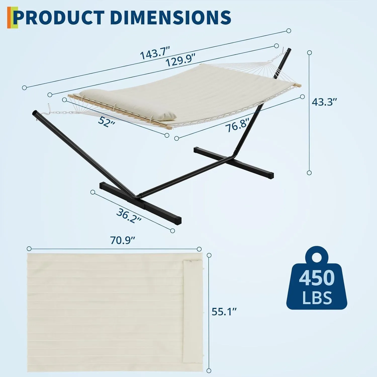 Double Hammock with Space Saving Steel Stand Included - 2 Person Standing Hammock, Handmade Cotton Rope, PP Cotton Pad and Pillow, Outdoor Portable for Backyard and Garden(Off White)