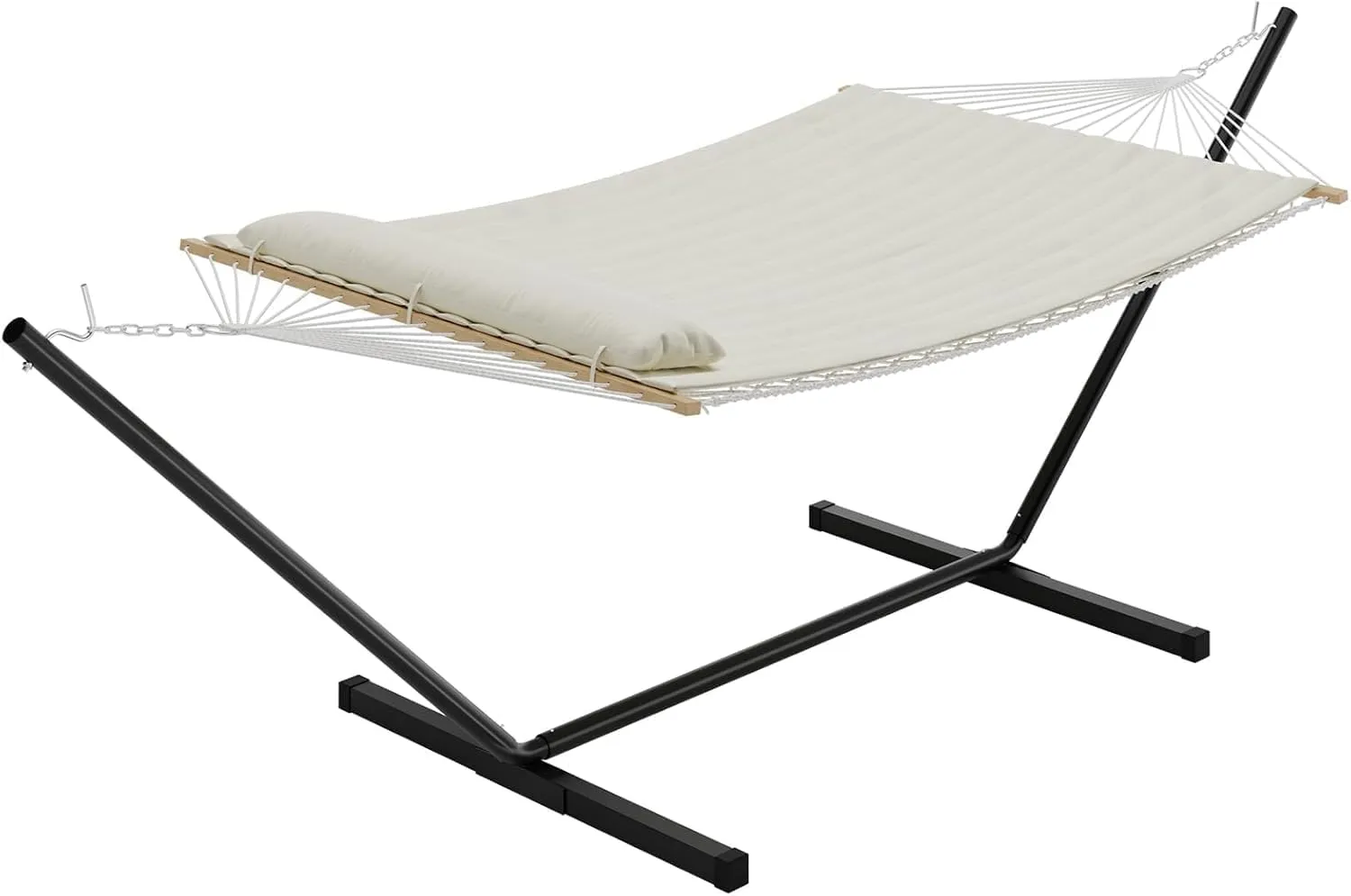 Double Hammock with Space Saving Steel Stand Included - 2 Person Standing Hammock, Handmade Cotton Rope, PP Cotton Pad and Pillow, Outdoor Portable for Backyard and Garden(Off White)