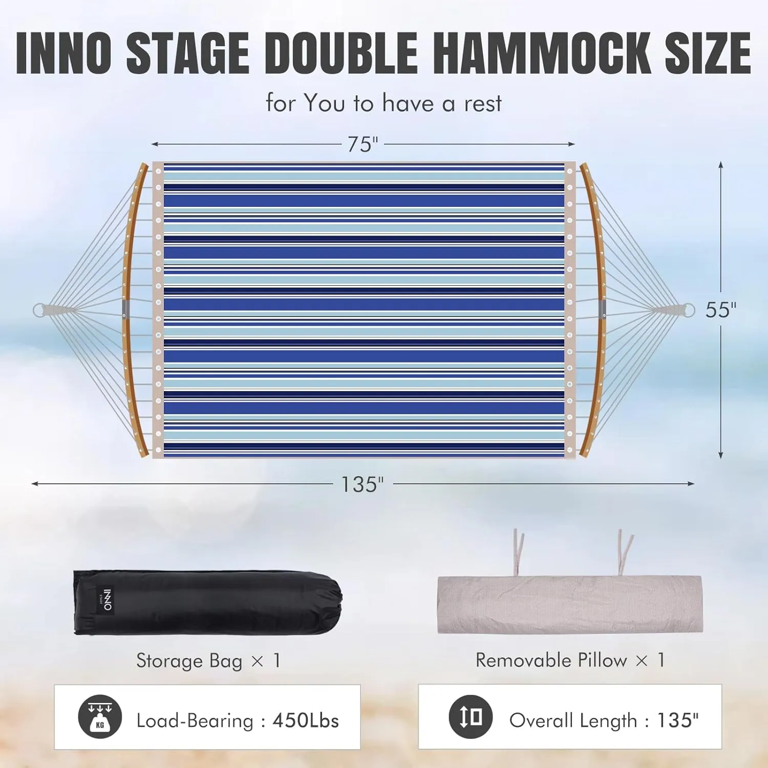 Double Hammock With Spreader Bar - 2 Person Outdoor for Outside, Polyester Fabric, Adjustable Chain, 77" L x 55" W, 450lbs Capacity, Ideal for Stand or Trees Darkbluestripe