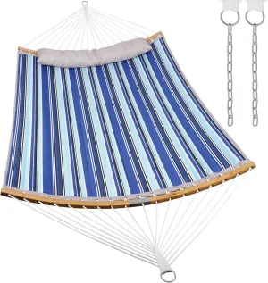 Double Hammock With Spreader Bar - 2 Person Outdoor for Outside, Polyester Fabric, Adjustable Chain, 77" L x 55" W, 450lbs Capacity, Ideal for Stand or Trees Darkbluestripe