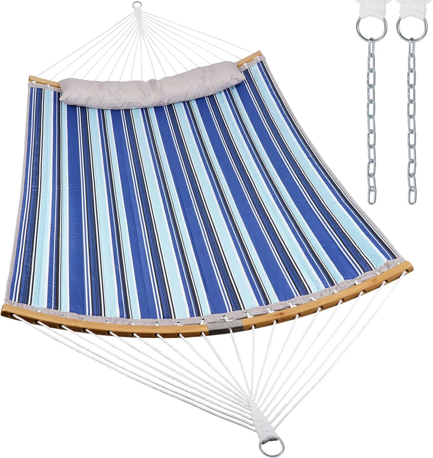 Double Hammock With Spreader Bar - 2 Person Outdoor for Outside, Polyester Fabric, Adjustable Chain, 77" L x 55" W, 450lbs Capacity, Ideal for Stand or Trees Darkbluestripe
