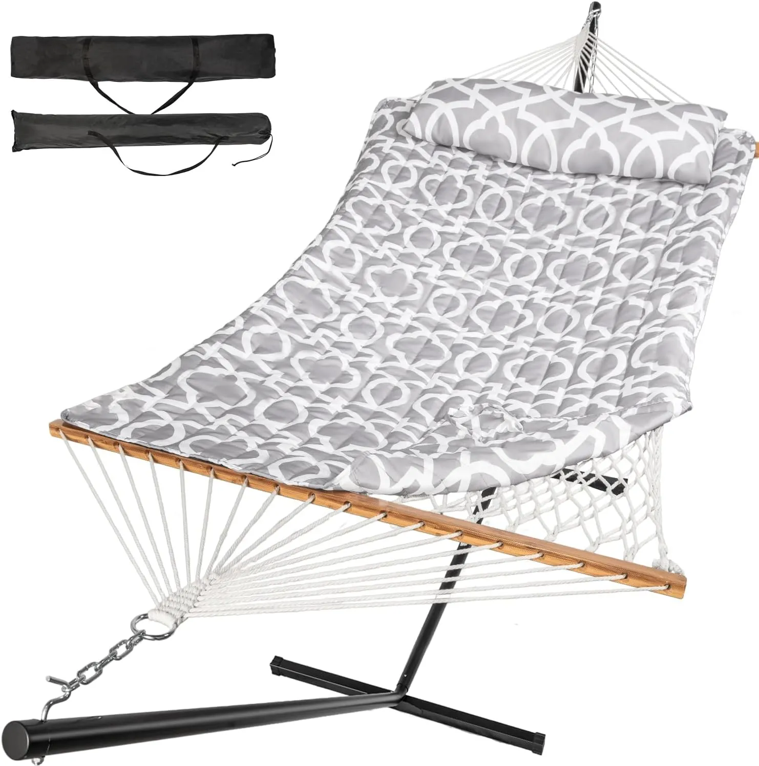 Double Hammock with Stand, 2 Person Cotton Rope Hammock with Removable Polyester Pad, 500LBS Capacity, Portable & Adjustable Design, Includes Storage Bag, Indoor Outdoor Use,White-Gray