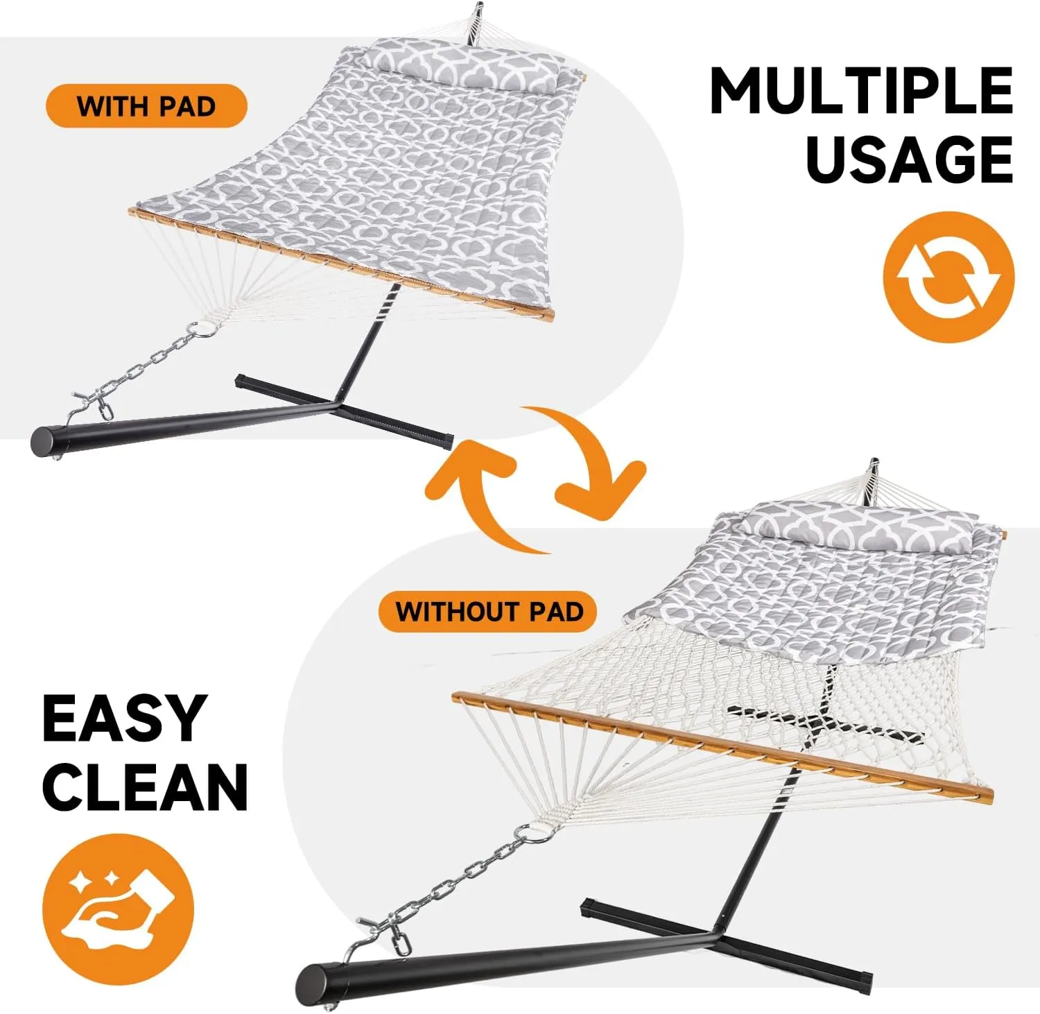 Double Hammock with Stand, 2 Person Cotton Rope Hammock with Removable Polyester Pad, 500LBS Capacity, Portable & Adjustable Design, Includes Storage Bag, Indoor Outdoor Use,White-Gray