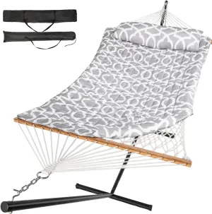 Double Hammock with Stand, 2 Person Cotton Rope Hammock with Removable Polyester Pad, 500LBS Capacity, Portable & Adjustable Design, Includes Storage Bag, Indoor Outdoor Use,White-Gray