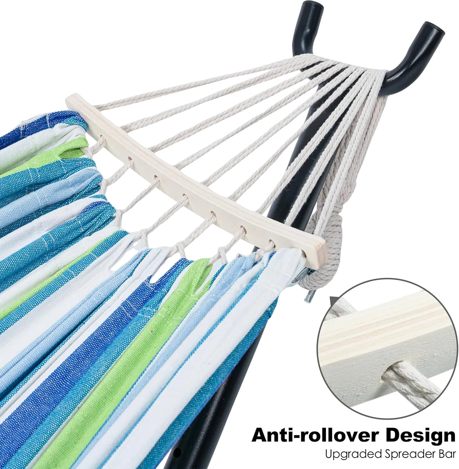 Double Hammock with Stand for Outside, Upgraded Spreader Bar, Heavy Duty Space Saving Steel Stand 2 Person, Convenient Pockets, Easy Assembly, 600lbs Weight Capacity, Indoor & Outdoor (Lagoon)