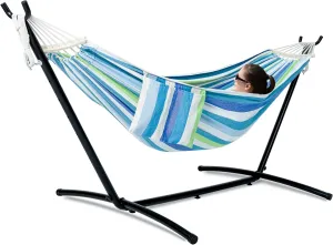 Double Hammock with Stand for Outside, Upgraded Spreader Bar, Heavy Duty Space Saving Steel Stand 2 Person, Convenient Pockets, Easy Assembly, 600lbs Weight Capacity, Indoor & Outdoor (Lagoon)
