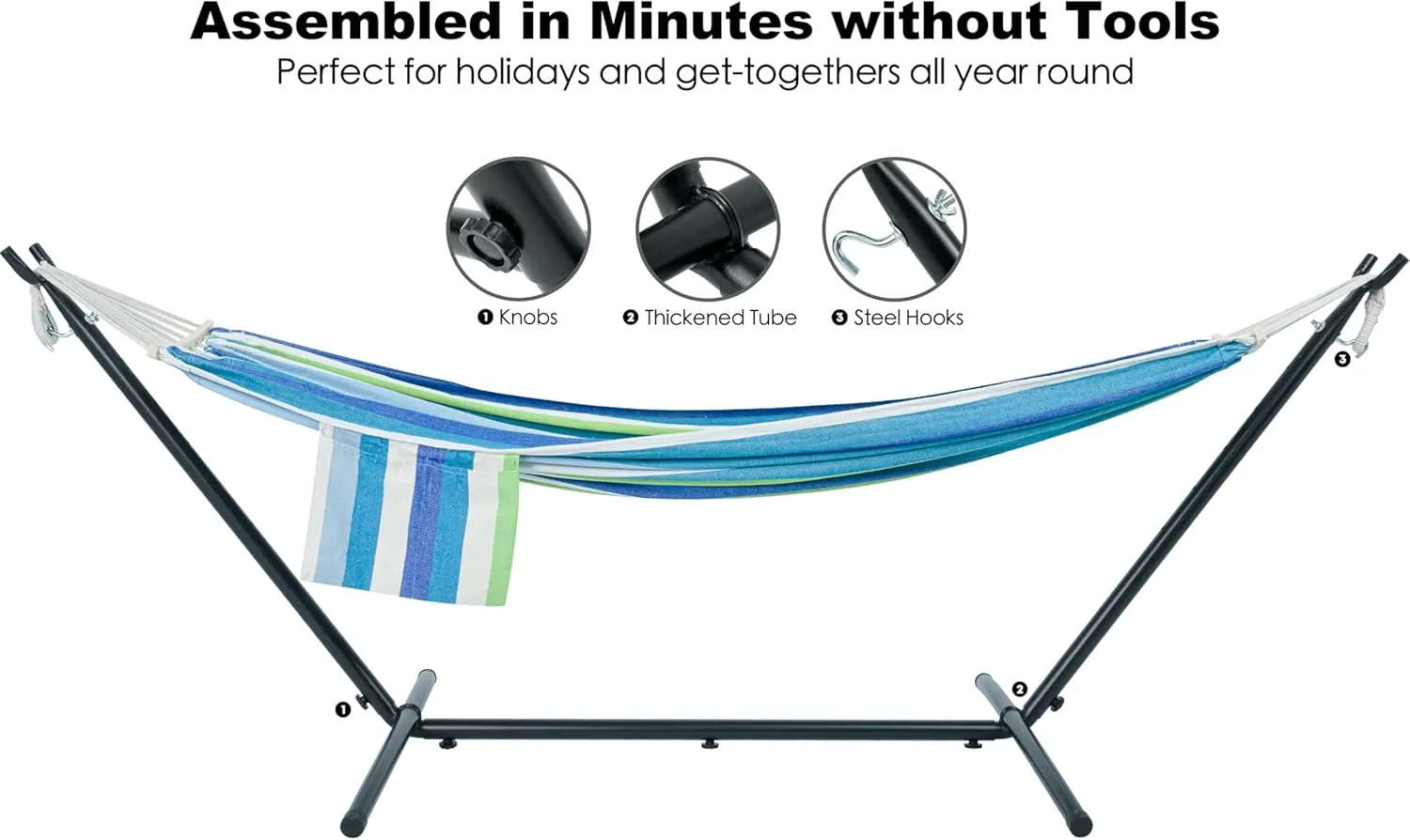 Double Hammock with Stand for Outside, Upgraded Spreader Bar, Heavy Duty Space Saving Steel Stand 2 Person, Convenient Pockets, Easy Assembly, 600lbs Weight Capacity, Indoor & Outdoor (Lagoon)