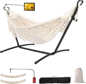Double Hammock with Stand Upgraded Phone Holder Portable Heavy Duty Stainless Steel Indoor Outdoor Patio Yard Beach with Carrying Case （2022 Beige）