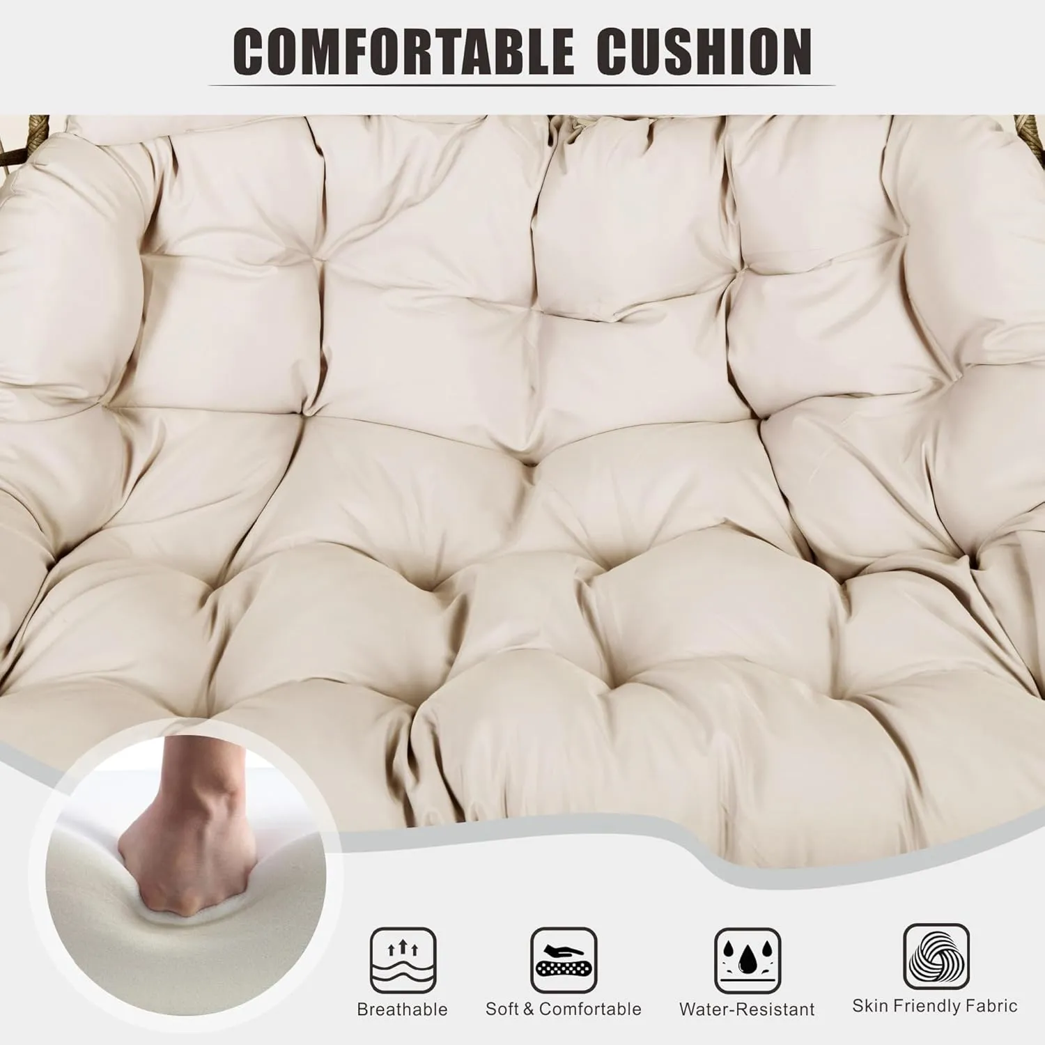 Double Hanging Egg Chair wth Stand, Patio Hammock Swing Chair with Cushion Loveseat for Bedroom, Balcony, Garden, Indoor, Outdoor, Beige