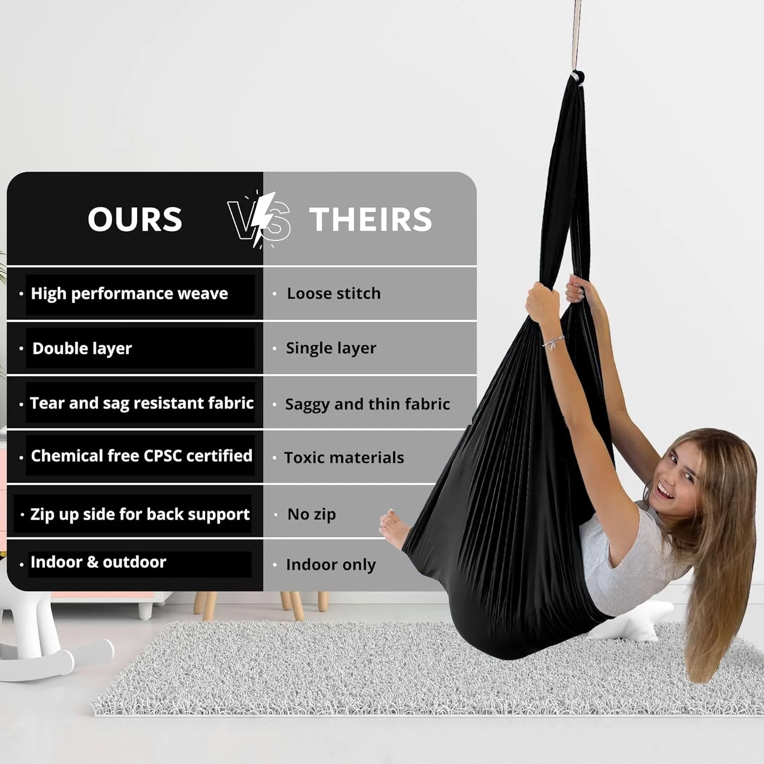 Double Layer Reversible Sensory Swing| Outdoor and Indoor Swing for Kids and Adults Up to 260 lbs | Autism Cocoon Swing | Kids Sensory Swing (Black)