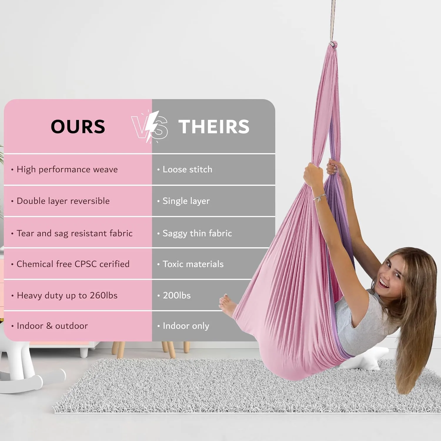 Double Layer Reversible Sensory Swing | Outdoor and Indoor Swing for Kids and Adults Up to 260 lbs | Autism Cocoon Swing | Kids Sensory Swing Indoor | ADHD