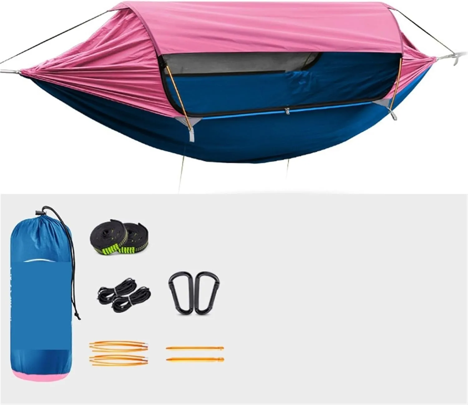 Double Person Traveler Hammock, 70D Nylon Anti-Roll Hammock with Sunshade & Mosquito Net for Outdoor Camping(Pink)