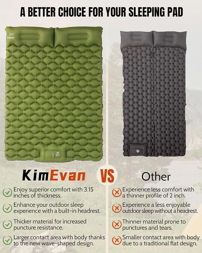 Double Sleeping Pad for Camping, 3.15'' Extra-Thick Inflatable Camping Pad 2 Person, Sleeping Mat Built-in Foot Pump & Pillow, Portable Camping Mattress for Backpacking, Hiking, Car Traveling