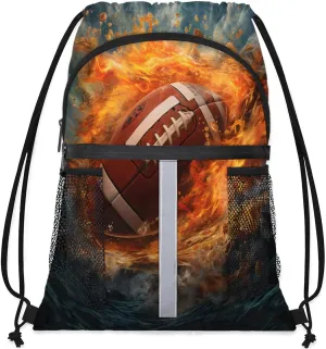 Drawstring Backpack String Bag with Side Pocket Sports Gym Soccer Cinch Sackpack for Women Men Small Beach Workout Storage for Swimming Gear Fire American Football Ball Backpack