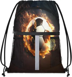 Drawstring Backpack String Bag with Side Pocket Sports Gym Soccer Cinch Sackpack for Women Men Small Beach Workout Storage for Swimming Gear Football Fire Ball Backpack