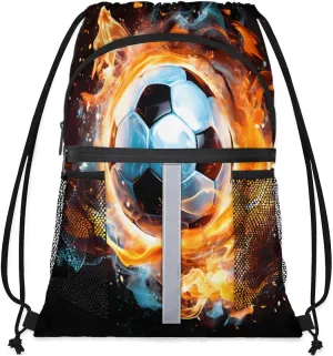 Drawstring Backpack String Bag with Side Pocket Sports Gym Soccer Cinch Sackpack for Women Men Small Beach Workout Storage for Swimming Gear Soccer Fire Space Backpack
