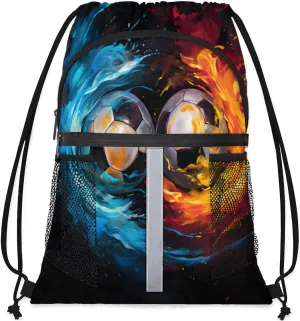 Drawstring Backpack String Bag with Side Pocket Sports Gym Soccer Cinch Sackpack for Women Men Small Beach Workout Storage for Swimming Gear Soccer Water Fire Space Backpack