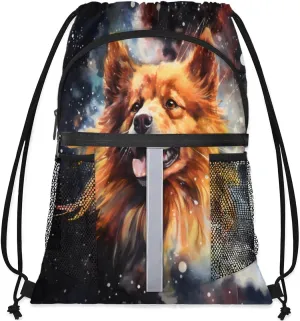 Drawstring Backpack String Bag with Side Pocket Sports Gym Soccer Cinch Sackpack for Women Men Small Beach Workout Storage for Swimming Gear Stars Fire Dog Watercolor Backpack