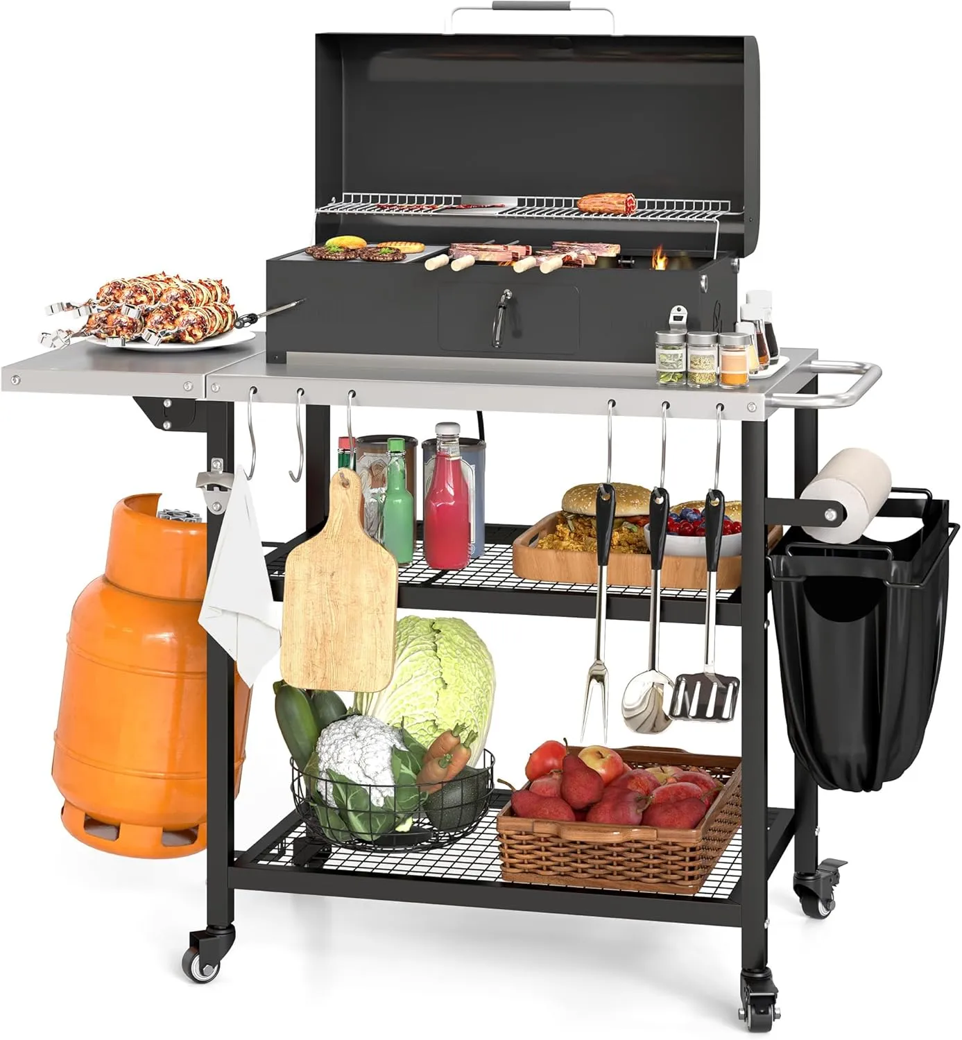 DWVO 3-Tier Metal Rolling Storage Cart with Stainless Steel and Folding Table, 43.3"L x 19.7"W'' Utility Cart with Lockable Wheels, Bar Cart Microwave Stand Movable for Kitchen, Living room, Bathroom