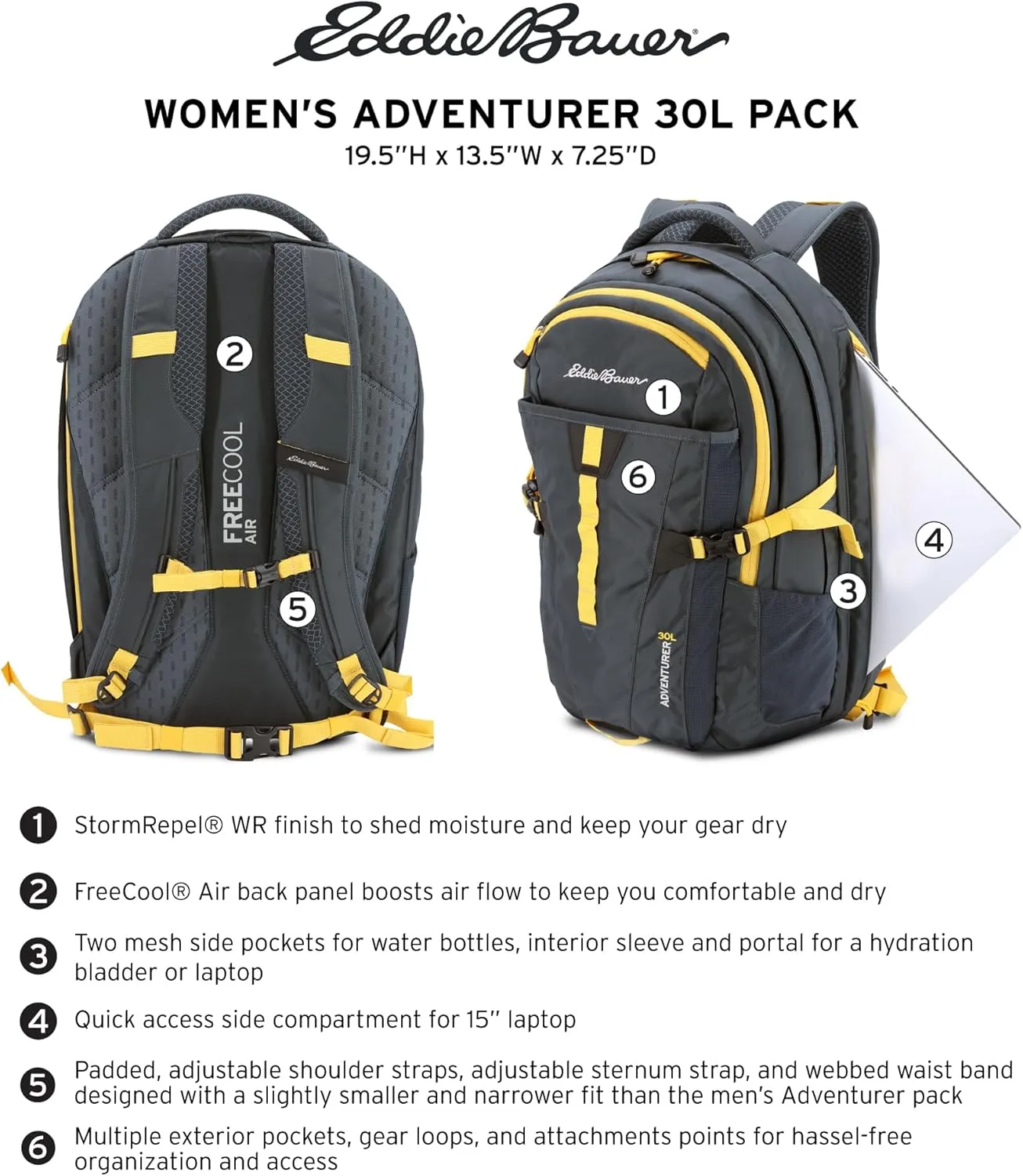 Eddie Bauer Adventurer Backpack with Organization Compartments and Hydration/Laptop Compatible Sleeve, Women's Adeventurer-Black, 30L