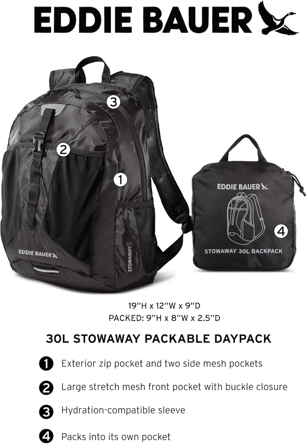 Eddie Bauer Stowaway Packable Backpack-Made from Ripstop Polyester, Port, 30L