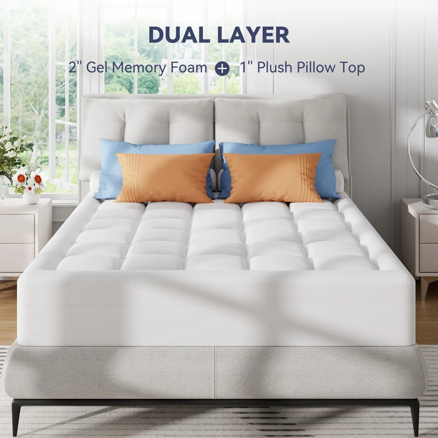 ELEMUSE Full Size Dual Layer 3 Inch Memory Foam Mattress Topper, 2 Inch Cooling Gel Memory Foam and 1 Inch Thick Soft Pillow Top Mattress Pad Cover for Back Pain Relief, Bed Topper for Side Sleep