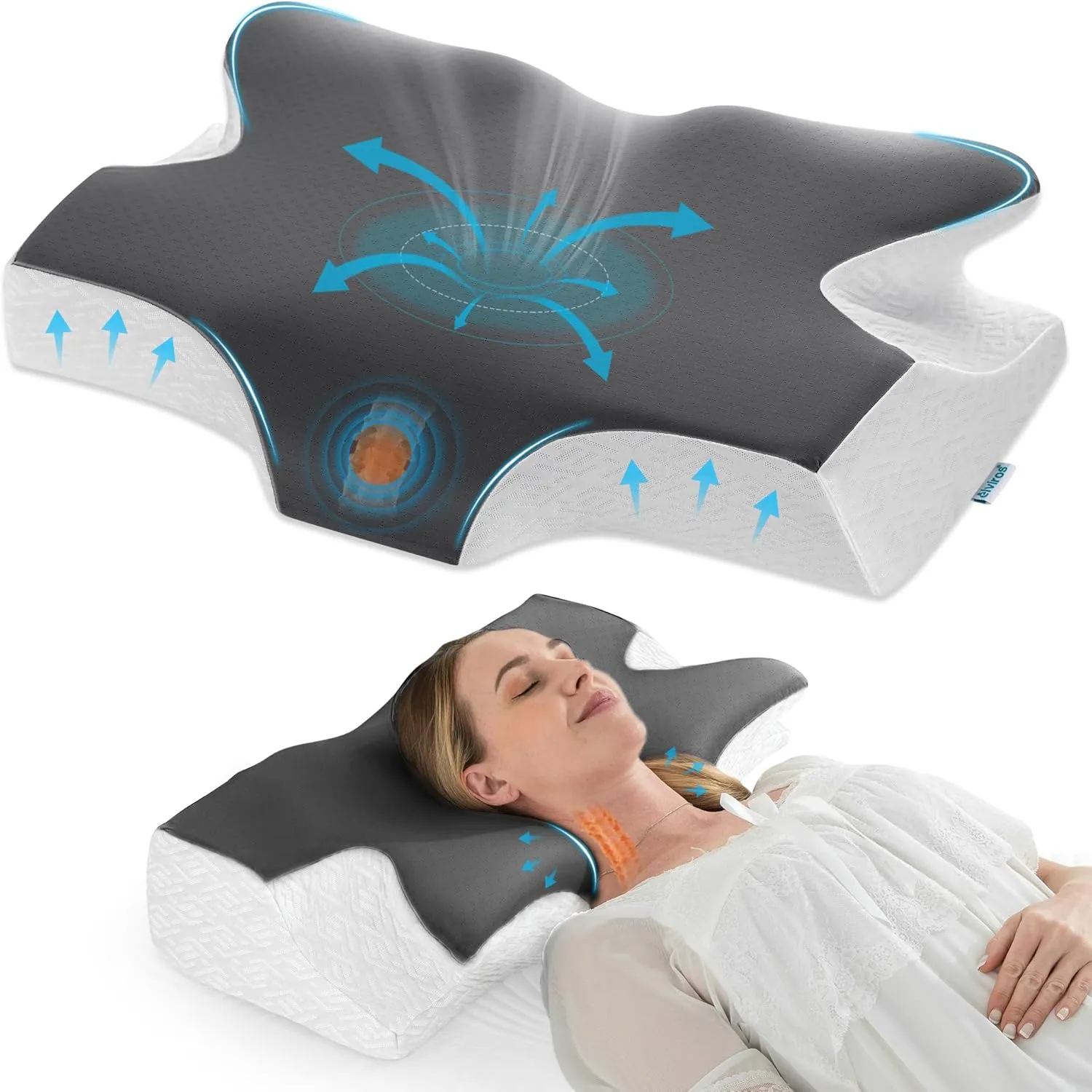 Elviros Cervical Neck Pillow for Sleeping, Memory Foam Pillow for Neck Pain Relief, Side Sleeper Cooling Pillows for Adults, Neck Support with Removable Pillowcase for Back & Stomach Sleepers