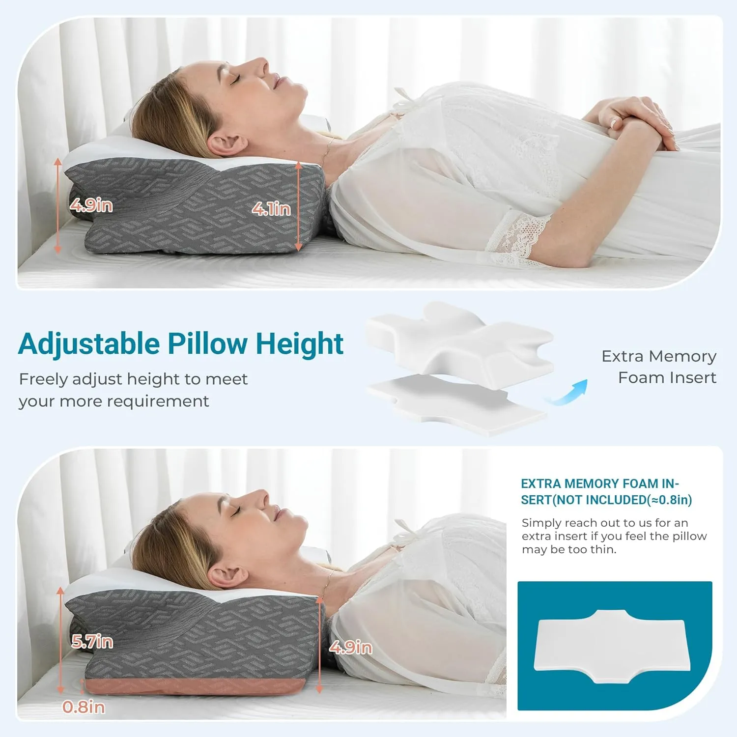 Elviros Cervical Neck Pillow for Sleeping, Memory Foam Pillow for Neck Pain Relief, Side Sleeper Cooling Pillows for Adults, Neck Support with Removable Pillowcase for Back & Stomach Sleepers