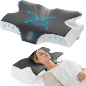 Elviros Cervical Neck Pillow for Sleeping, Memory Foam Pillow for Neck Pain Relief, Side Sleeper Cooling Pillows for Adults, Neck Support with Removable Pillowcase for Back & Stomach Sleepers