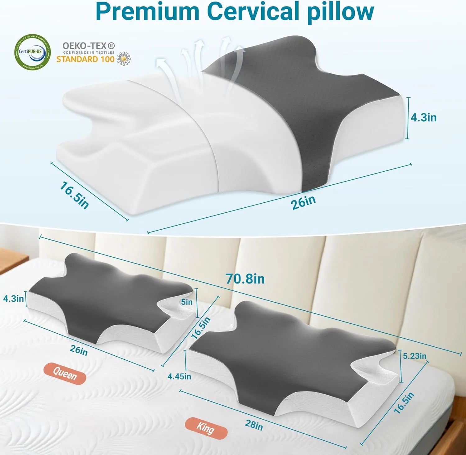 Elviros Cervical Neck Pillow for Sleeping, Memory Foam Pillow for Neck Pain Relief, Side Sleeper Cooling Pillows for Adults, Neck Support with Removable Pillowcase for Back & Stomach Sleepers