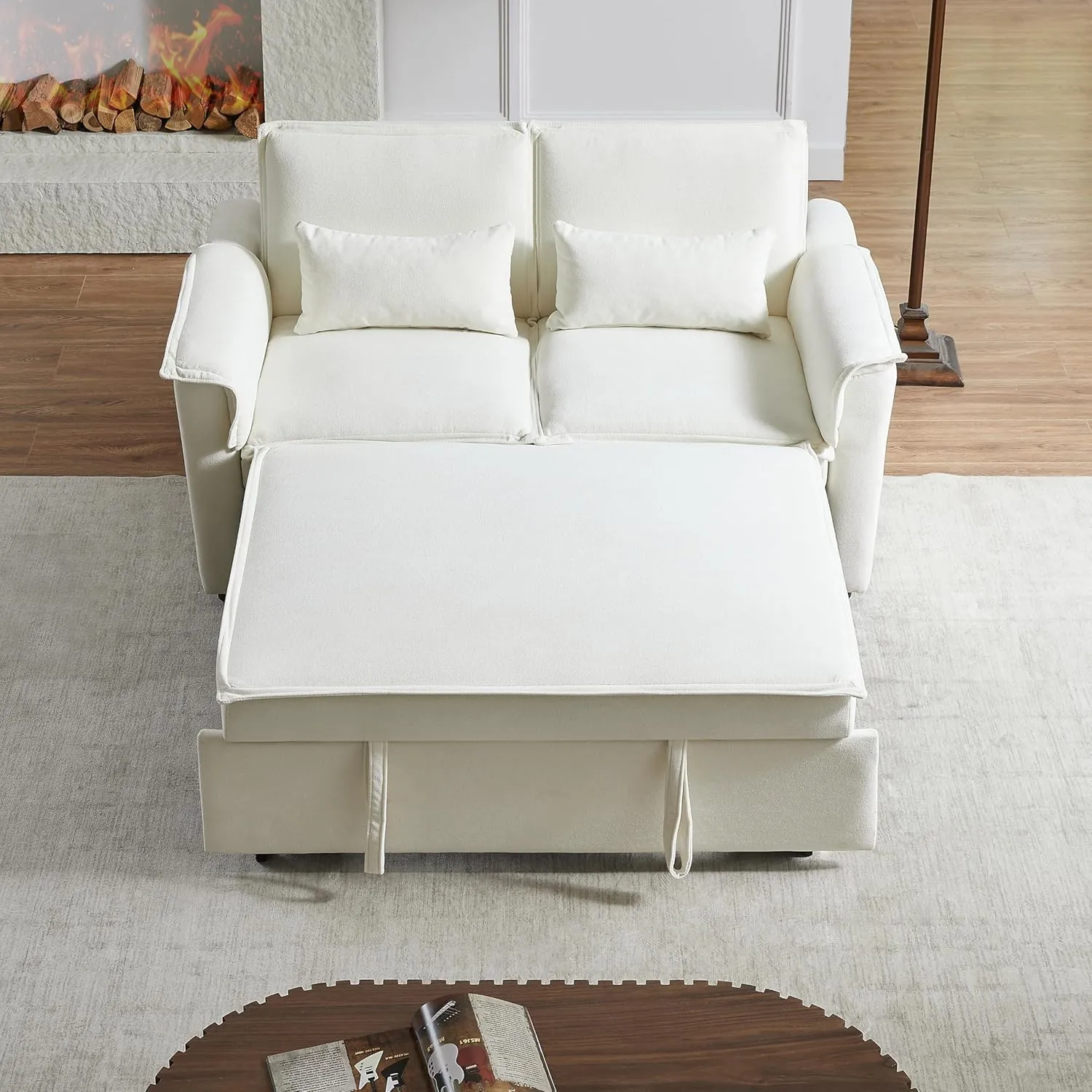 ERYE 3 in 1 Convertible Sofabed Modern Loveseat Sofa Convertible Pull Out Sleeper Couch Bed W/Padded Armrests,USB Ports and Pockets, Twin Size Boucle Upholstered Sleeper Sofa Bed for Living Room