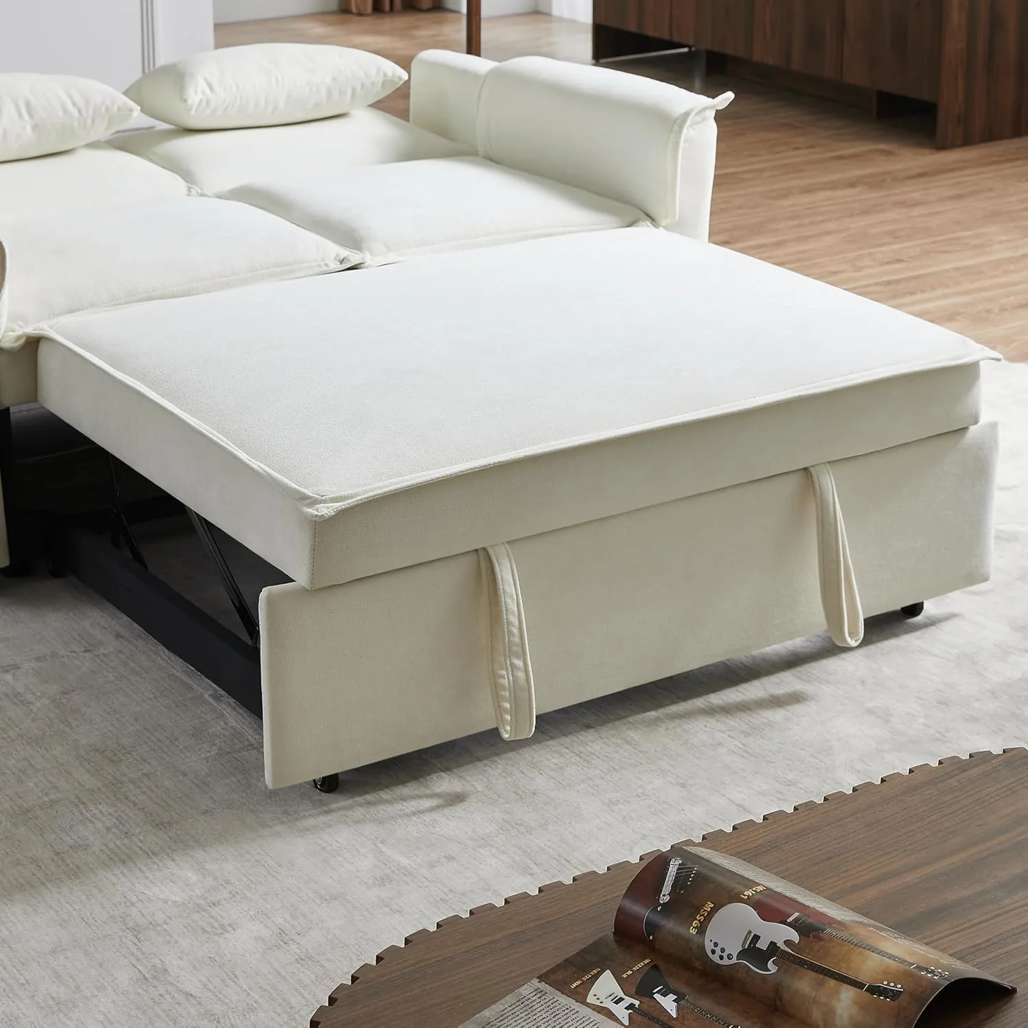 ERYE 3 in 1 Convertible Sofabed Modern Loveseat Sofa Convertible Pull Out Sleeper Couch Bed W/Padded Armrests,USB Ports and Pockets, Twin Size Boucle Upholstered Sleeper Sofa Bed for Living Room