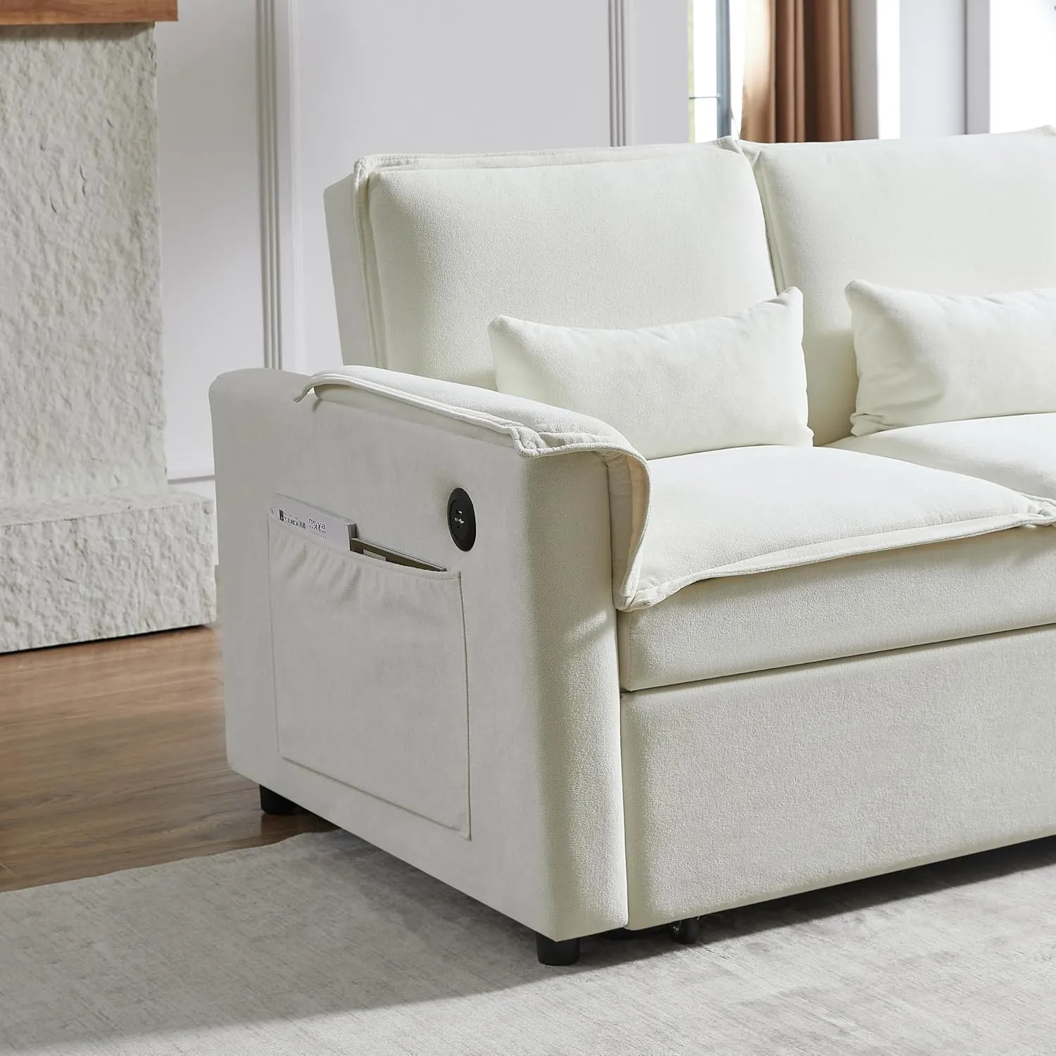 ERYE 3 in 1 Convertible Sofabed Modern Loveseat Sofa Convertible Pull Out Sleeper Couch Bed W/Padded Armrests,USB Ports and Pockets, Twin Size Boucle Upholstered Sleeper Sofa Bed for Living Room