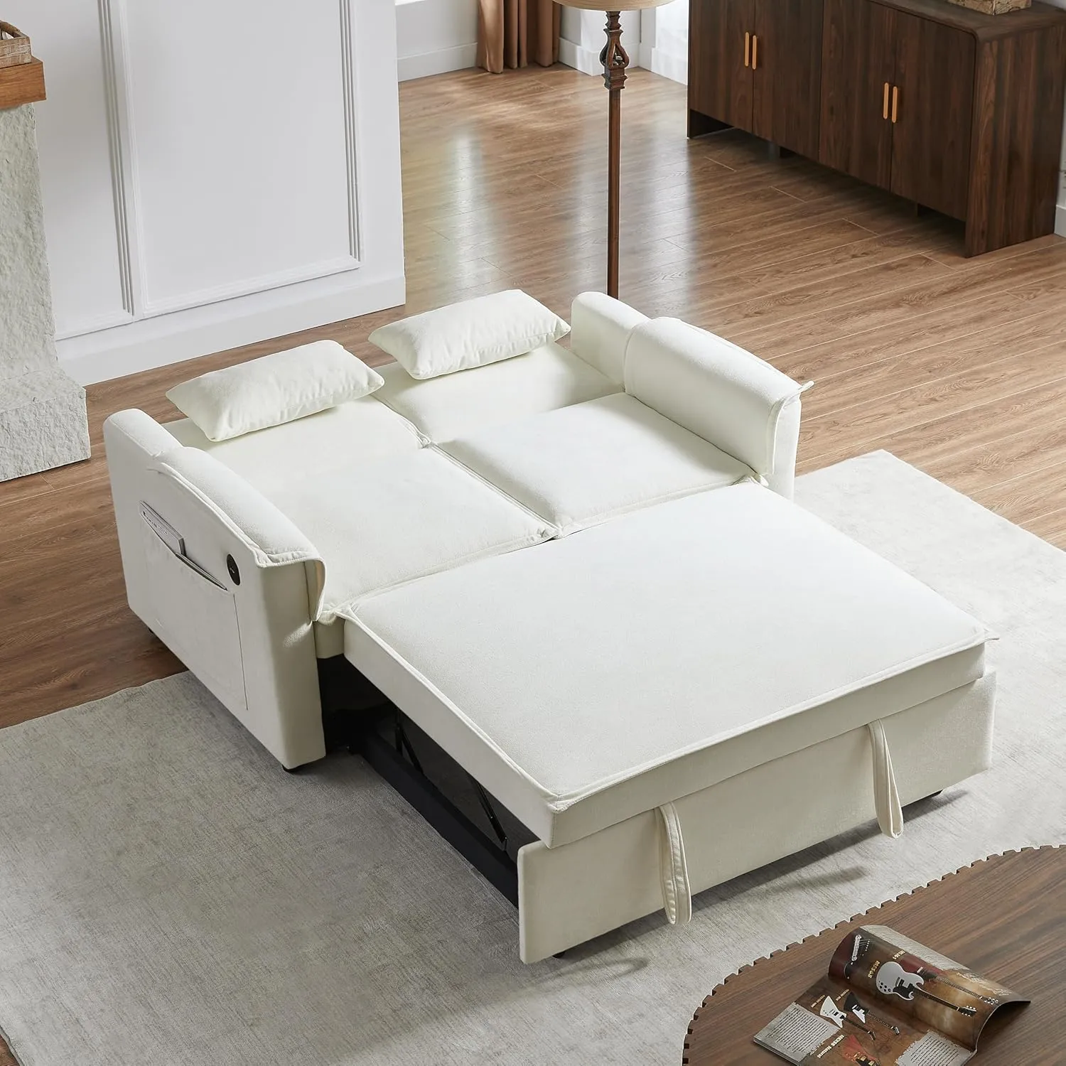 ERYE 3 in 1 Convertible Sofabed Modern Loveseat Sofa Convertible Pull Out Sleeper Couch Bed W/Padded Armrests,USB Ports and Pockets, Twin Size Boucle Upholstered Sleeper Sofa Bed for Living Room