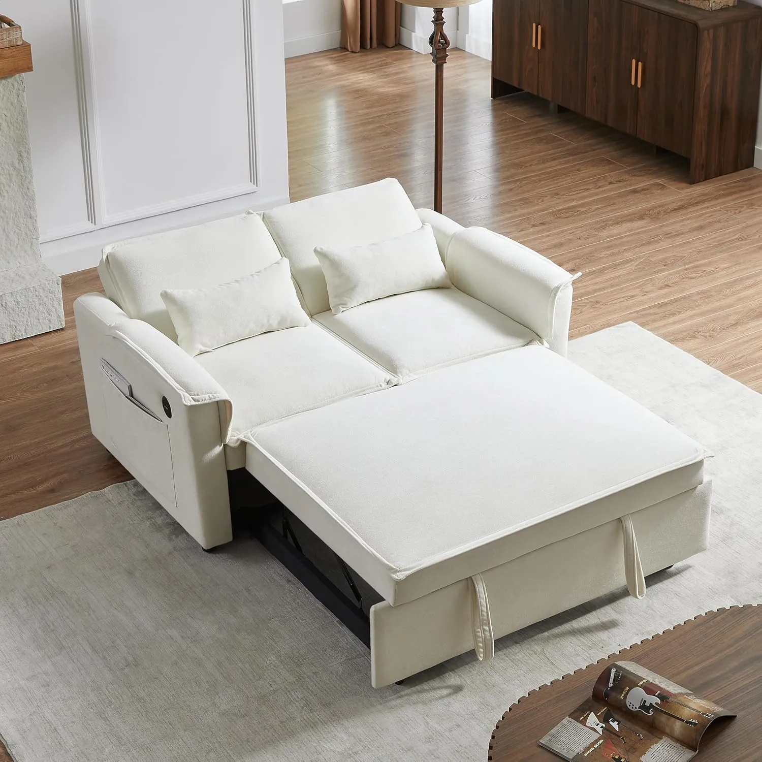 ERYE 3 in 1 Convertible Sofabed Modern Loveseat Sofa Convertible Pull Out Sleeper Couch Bed W/Padded Armrests,USB Ports and Pockets, Twin Size Boucle Upholstered Sleeper Sofa Bed for Living Room