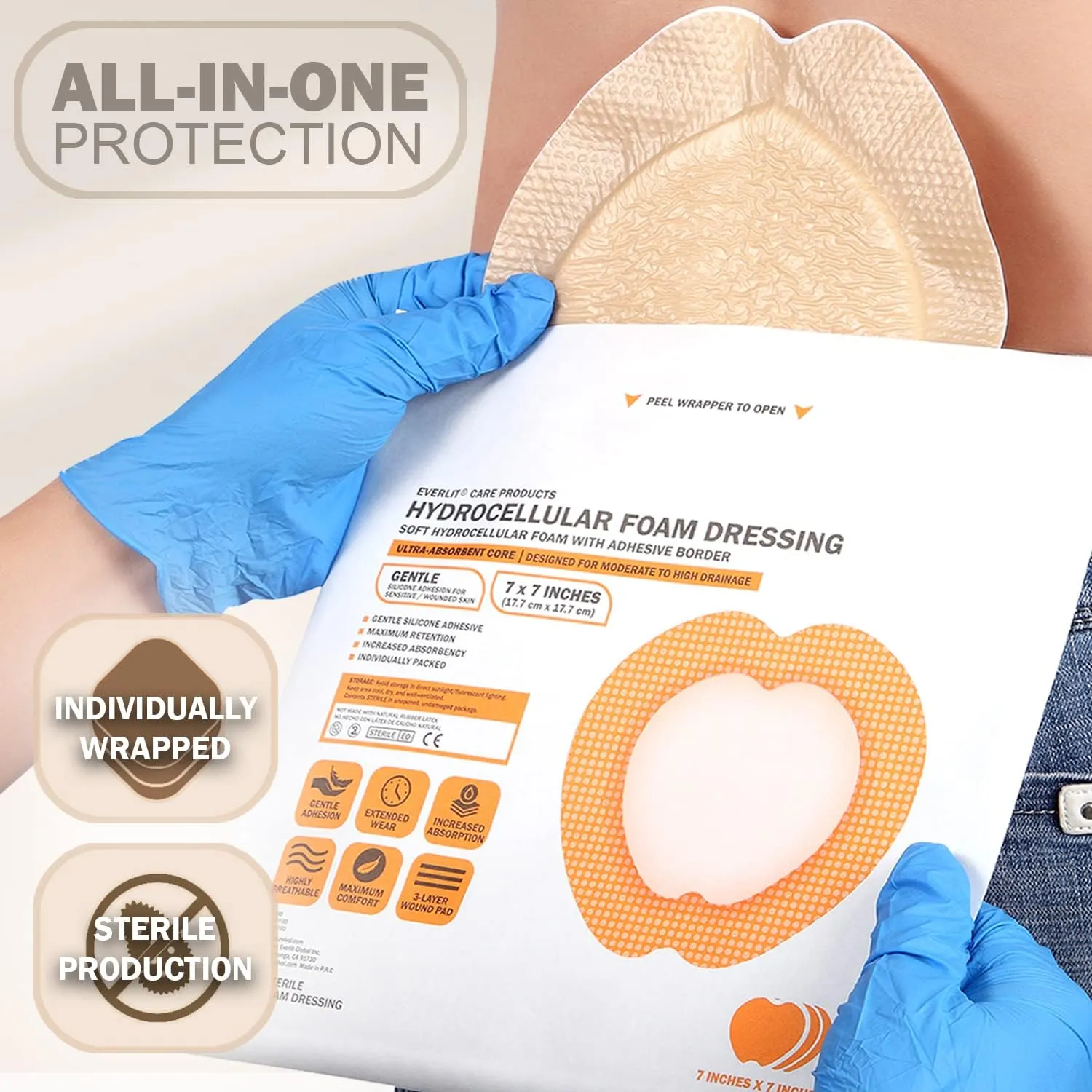 EVERLIT Sacrum Silicone Foam Dressing | Highly-Absorbent Waterproof Sacral Bandage Pad for Bed Sore Pressure Ulcer Wound Care | Sterile Adhesive Dressing for Chronic Wounds (9" x 9" (10 Pack))