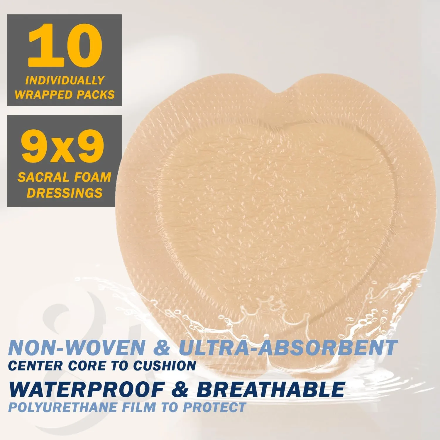 EVERLIT Sacrum Silicone Foam Dressing | Highly-Absorbent Waterproof Sacral Bandage Pad for Bed Sore Pressure Ulcer Wound Care | Sterile Adhesive Dressing for Chronic Wounds (9" x 9" (10 Pack))