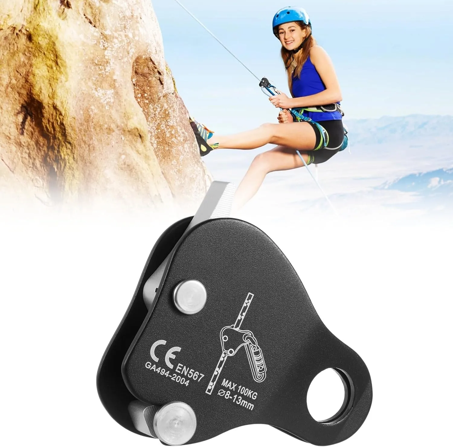 Fall Protection Belay Device, High Strength Rappel Device Equipment for Mountaineering, Self-Locking Climbing Rope Grip Clamp, Rock Climbing Ascender, Climbing Rope Grab