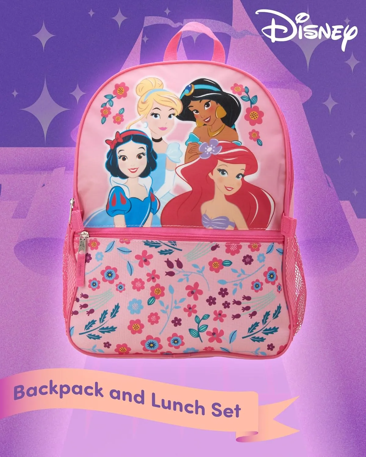Fast Forward Kids Backpack - Disney Frozen Spider-Man Paw Patrol - 15" School Bookbag with Lunch Box for Boys and Girls, Disney Pink
