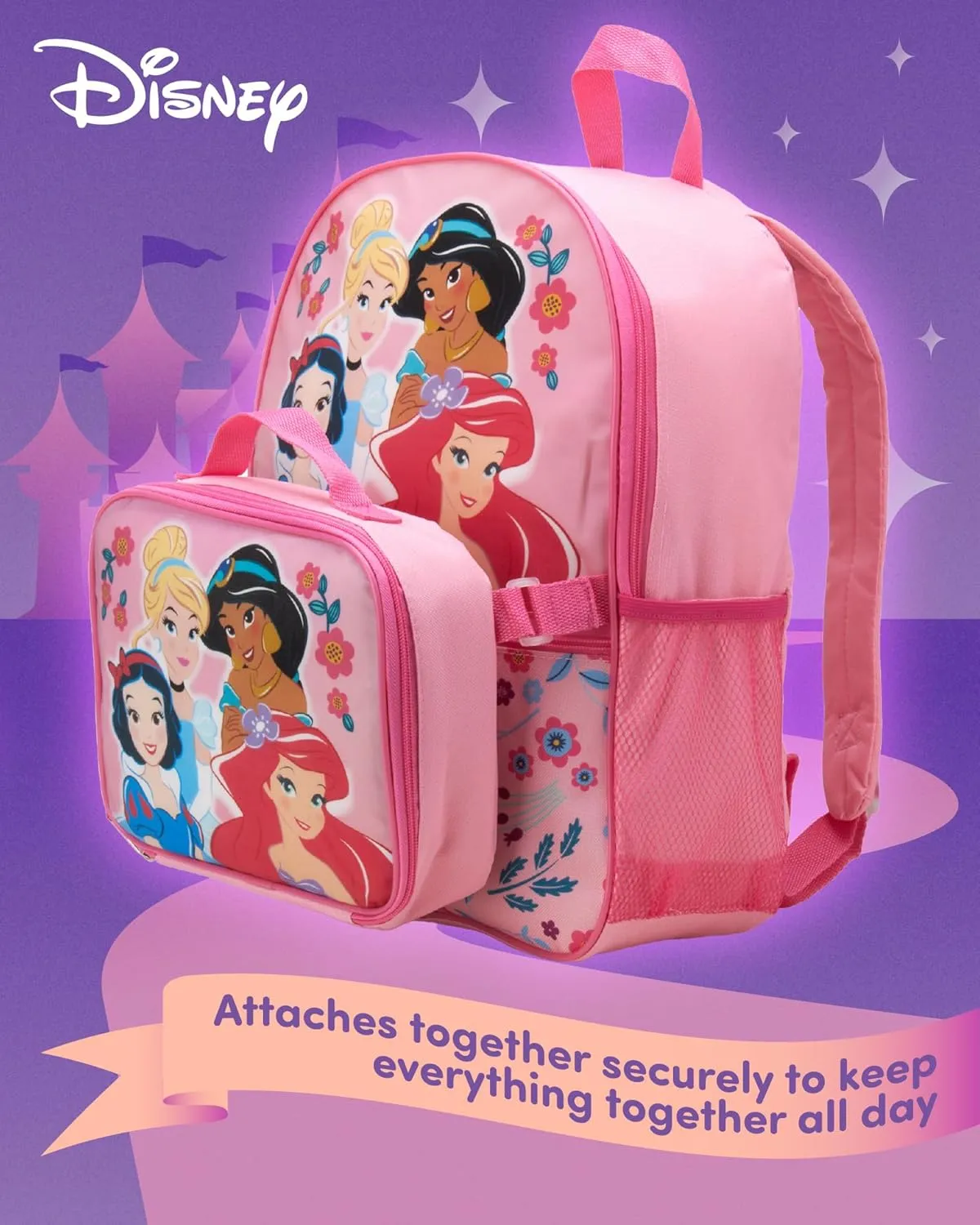 Fast Forward Kids Backpack - Disney Frozen Spider-Man Paw Patrol - 15" School Bookbag with Lunch Box for Boys and Girls, Disney Pink